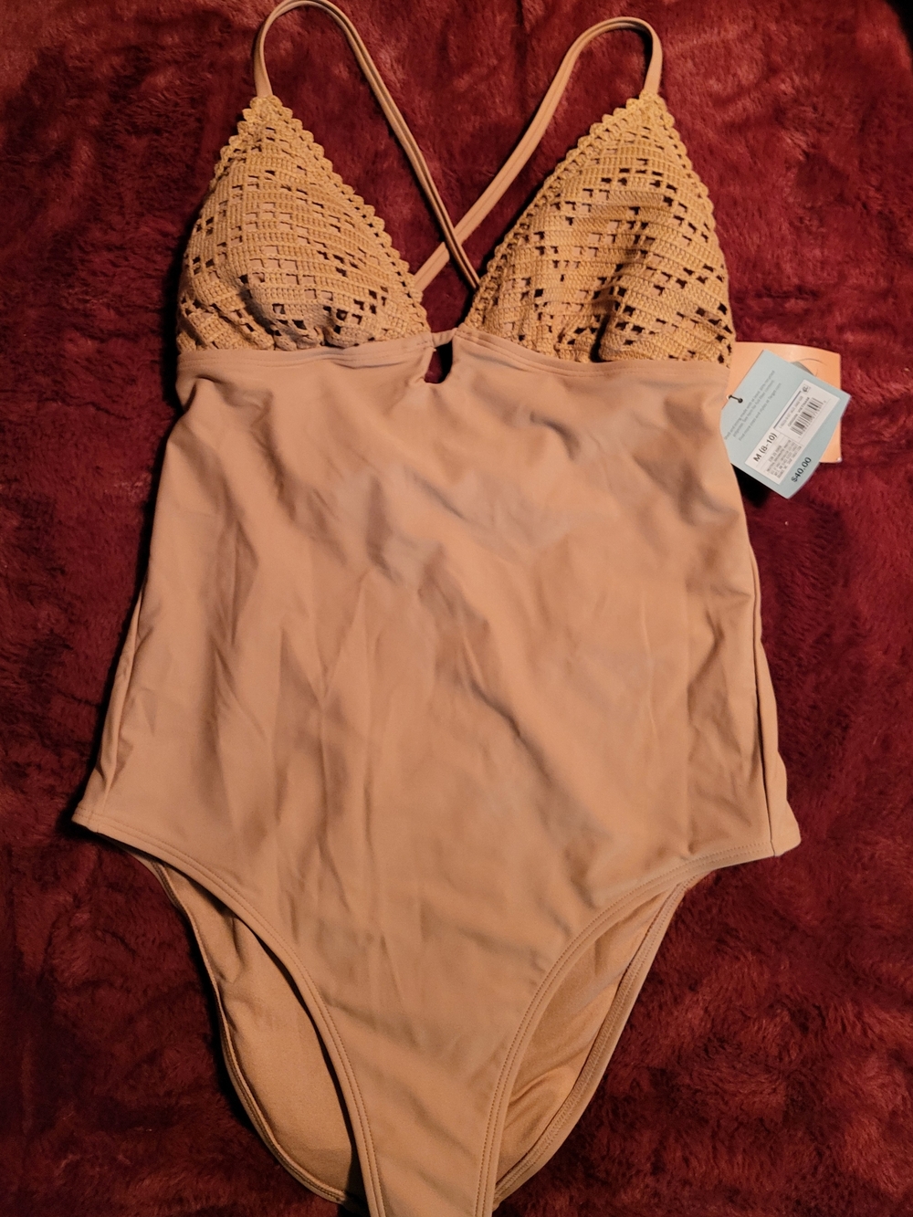 Shade & Shore Women's Crochet-Top One-Piece Swimsuit in Nude Beige